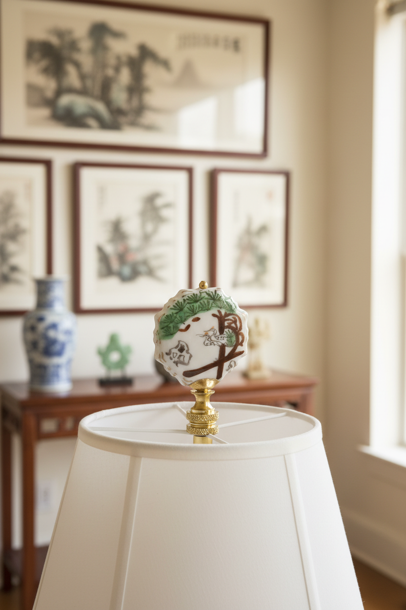 2-3/4" Tall Brass Finial, Painted Porcelain Crane & Pine Tree, 1/4-27F Tap (15150)