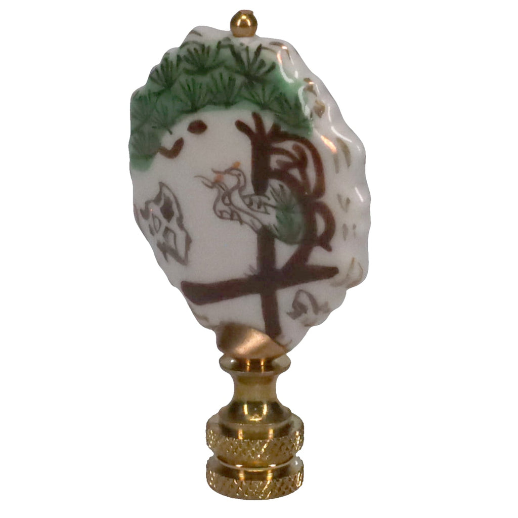 2-3/4" Tall Brass Finial, Painted Porcelain Crane & Pine Tree, 1/4-27F Tap (15150)