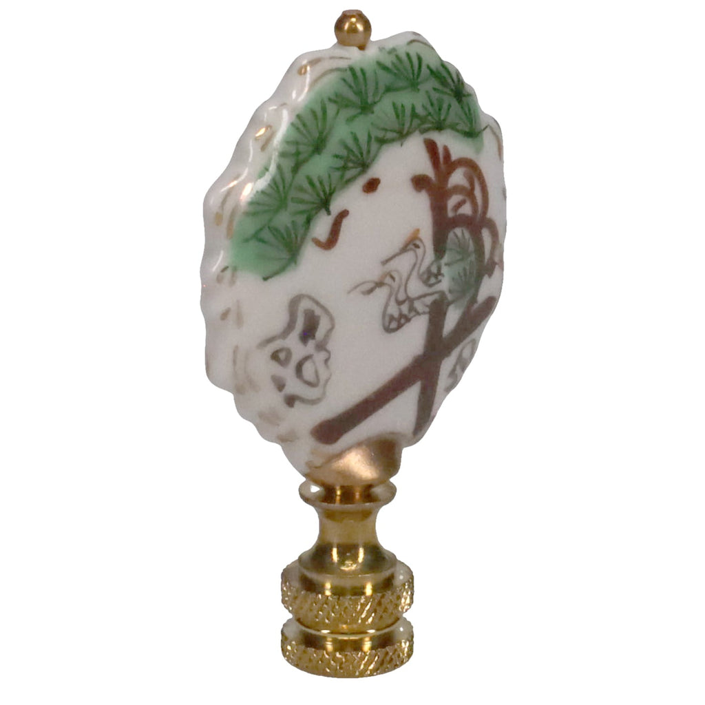 2-3/4" Tall Brass Finial, Painted Porcelain Crane & Pine Tree, 1/4-27F Tap (15150)