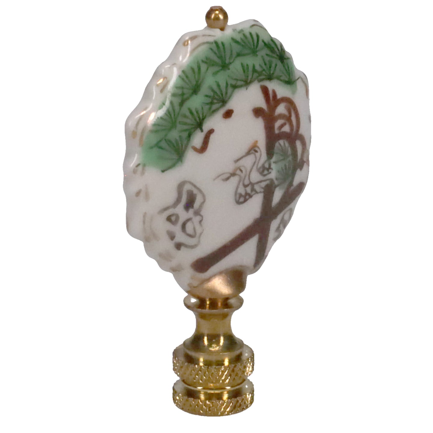 2-3/4" Tall Brass Finial, Painted Porcelain Crane & Pine Tree, 1/4-27F Tap (15150)