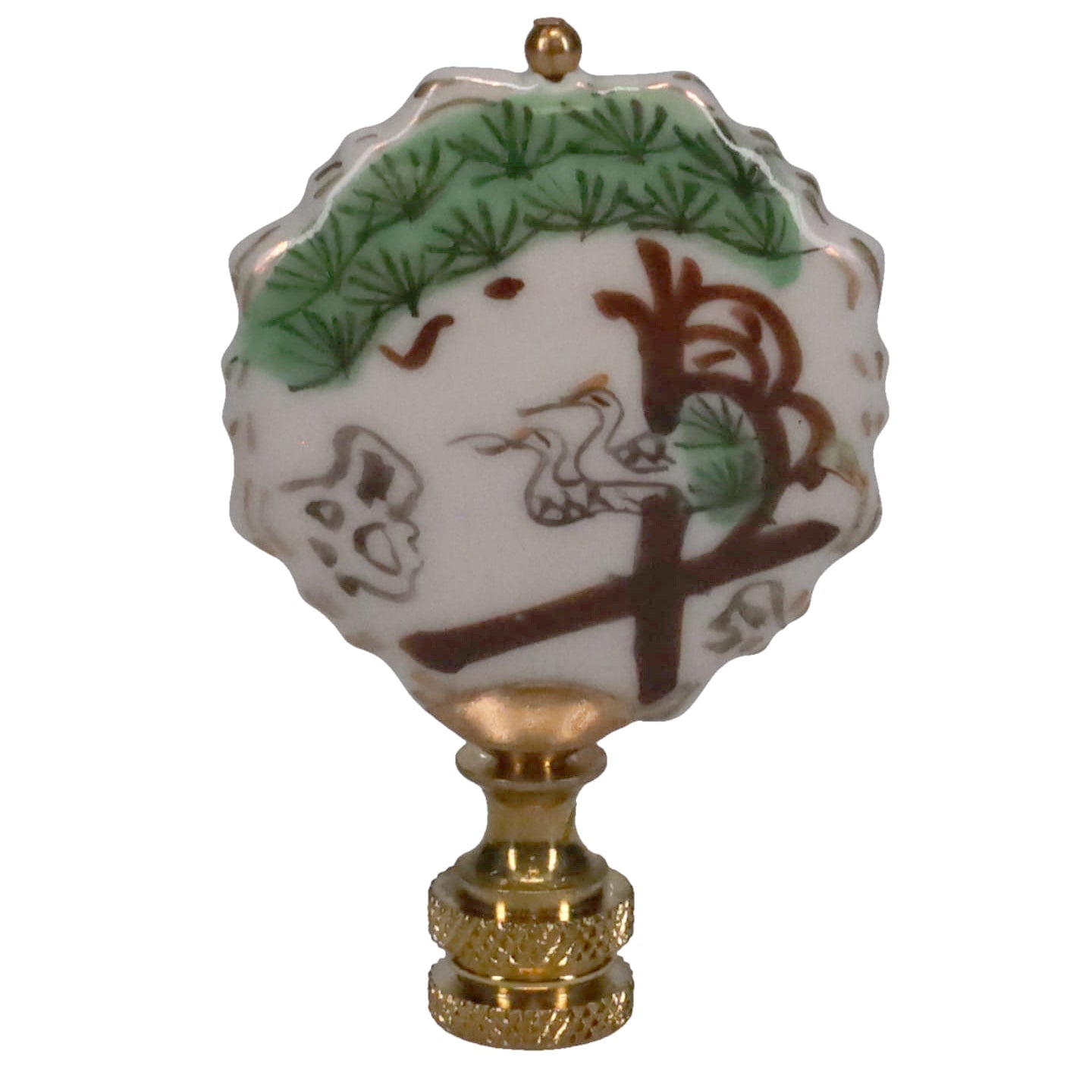 2-3/4" Tall Brass Finial, Painted Porcelain Crane & Pine Tree, 1/4-27F Tap (15150)
