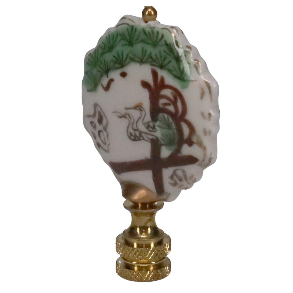 2-3/4" Tall Brass Finial, Painted Porcelain Crane & Pine Tree, 1/4-27F Tap (15150)