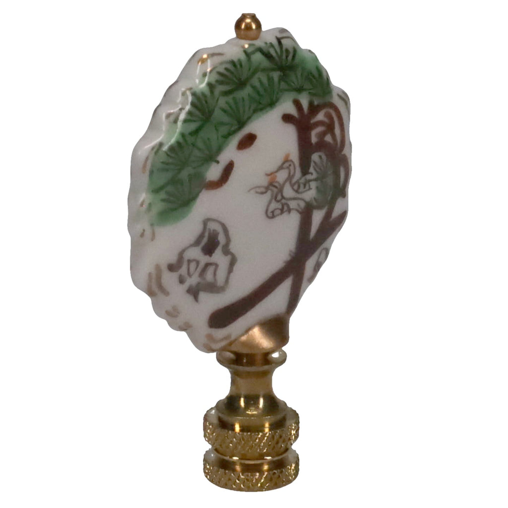 2-3/4" Tall Brass Finial, Painted Porcelain Crane & Pine Tree, 1/4-27F Tap (15150)