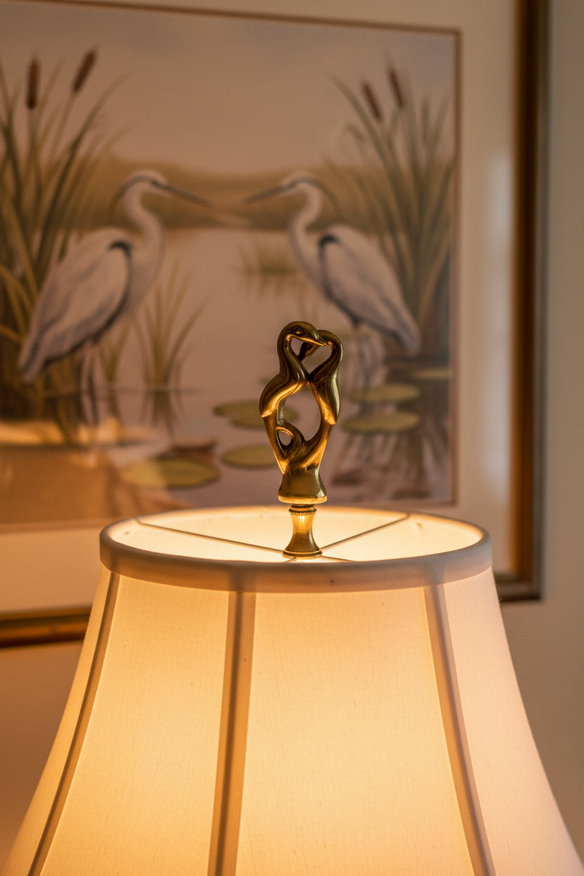 3-3/4" Tall Brass Finial, Two Embracing Birds, 1/4-27F Tap (15160)