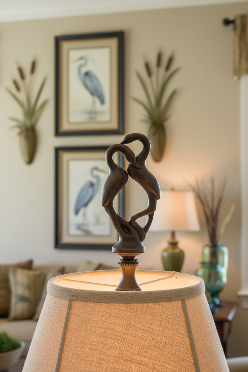 3-7/16" Tall Brass Finial, Two Embracing Birds, Dark Bronze, 1/4-27F Tap (15161)