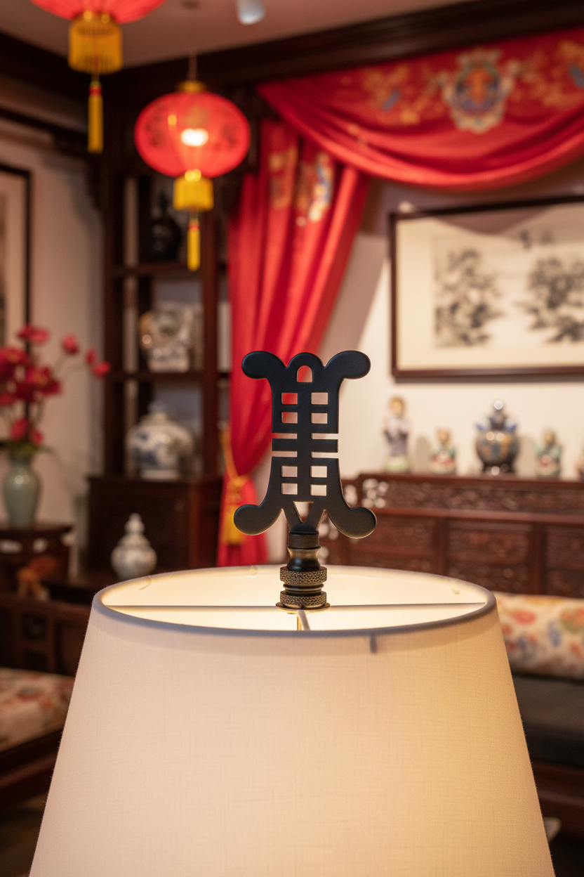 3-1/8" Tall Brass Finial, Chinese Symbol, Black, 1/4-27F Tap (15179BK)