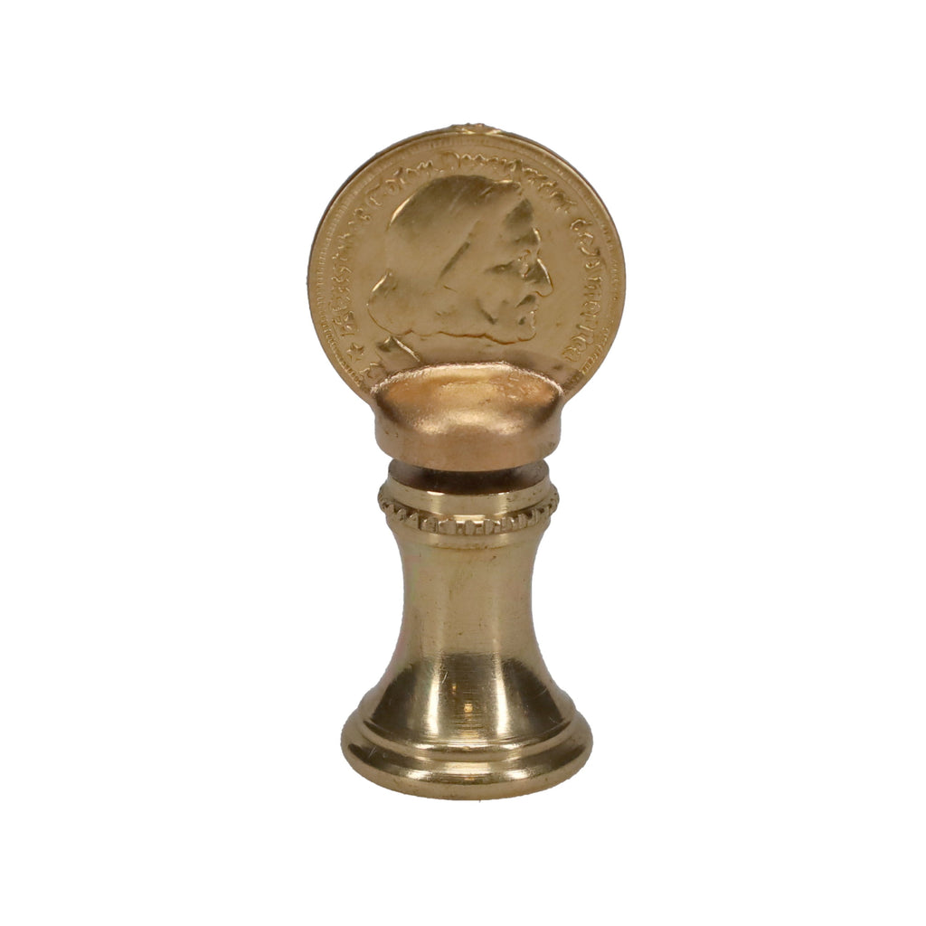 1-9/16" Tall Brass Finial, Imitation Coin, 1/4-27F Tap (15180)