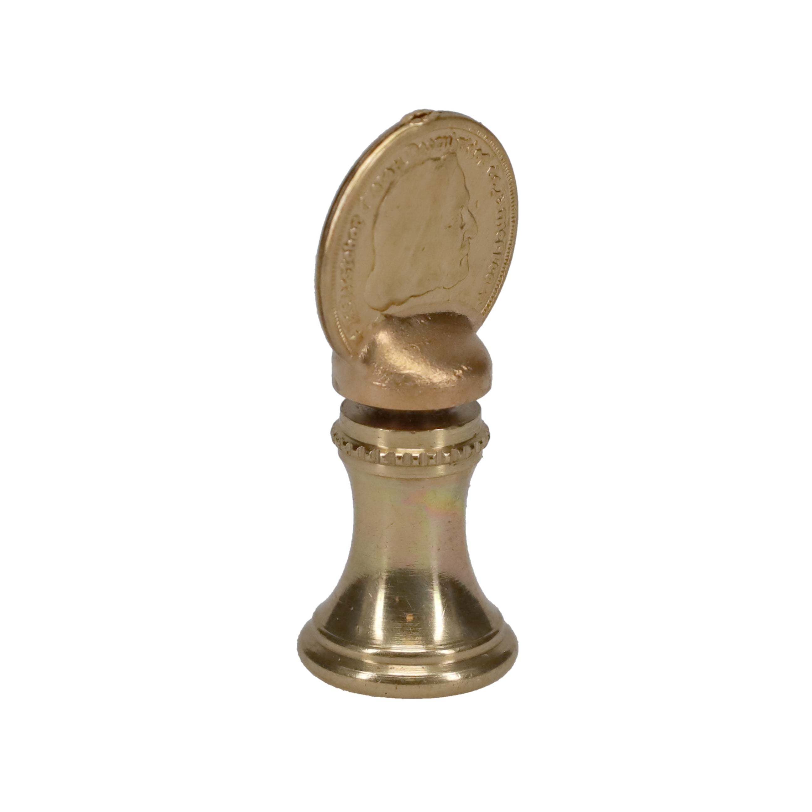 1-9/16" Tall Brass Finial, Imitation Coin, 1/4-27F Tap (15180)