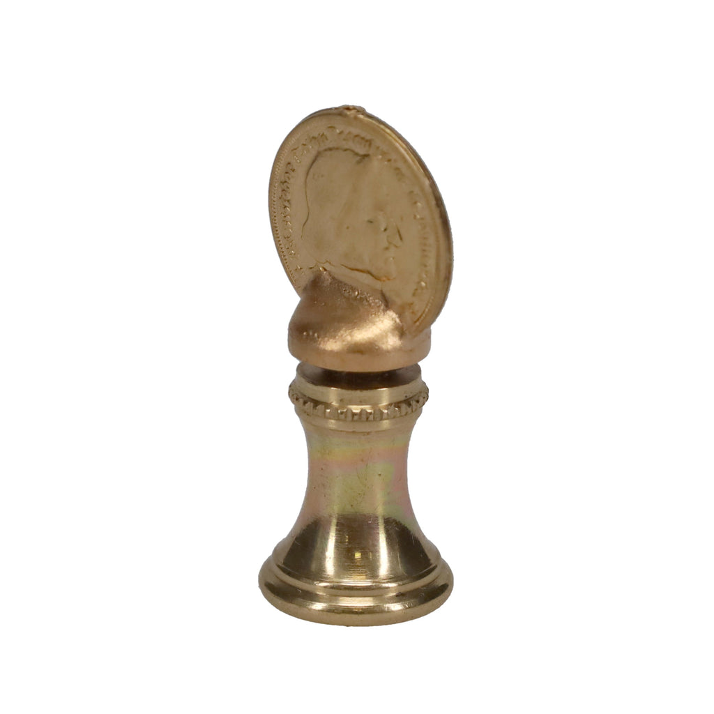 1-9/16" Tall Brass Finial, Imitation Coin, 1/4-27F Tap (15180)