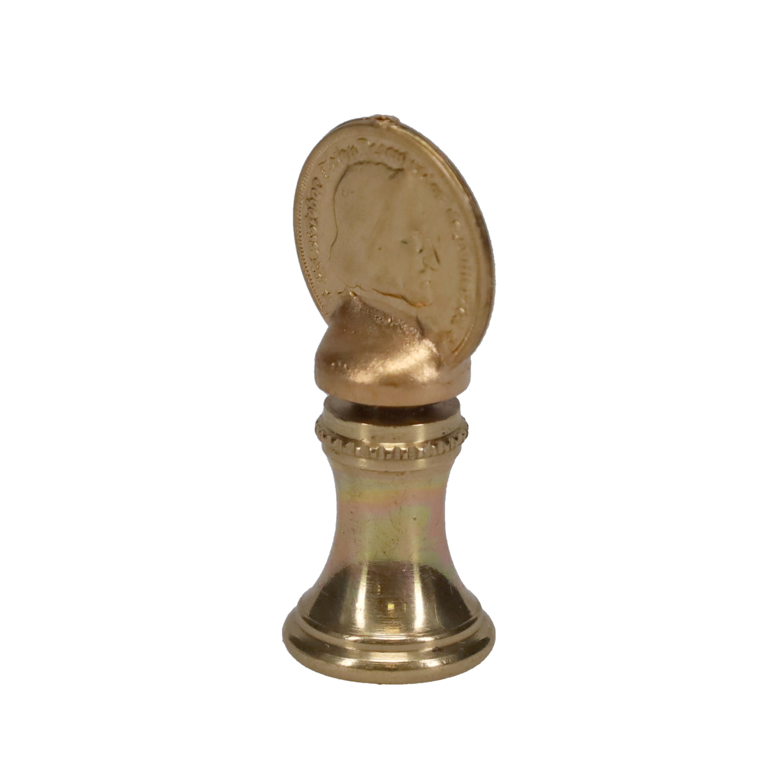 1-9/16" Tall Brass Finial, Imitation Coin, 1/4-27F Tap (15180)