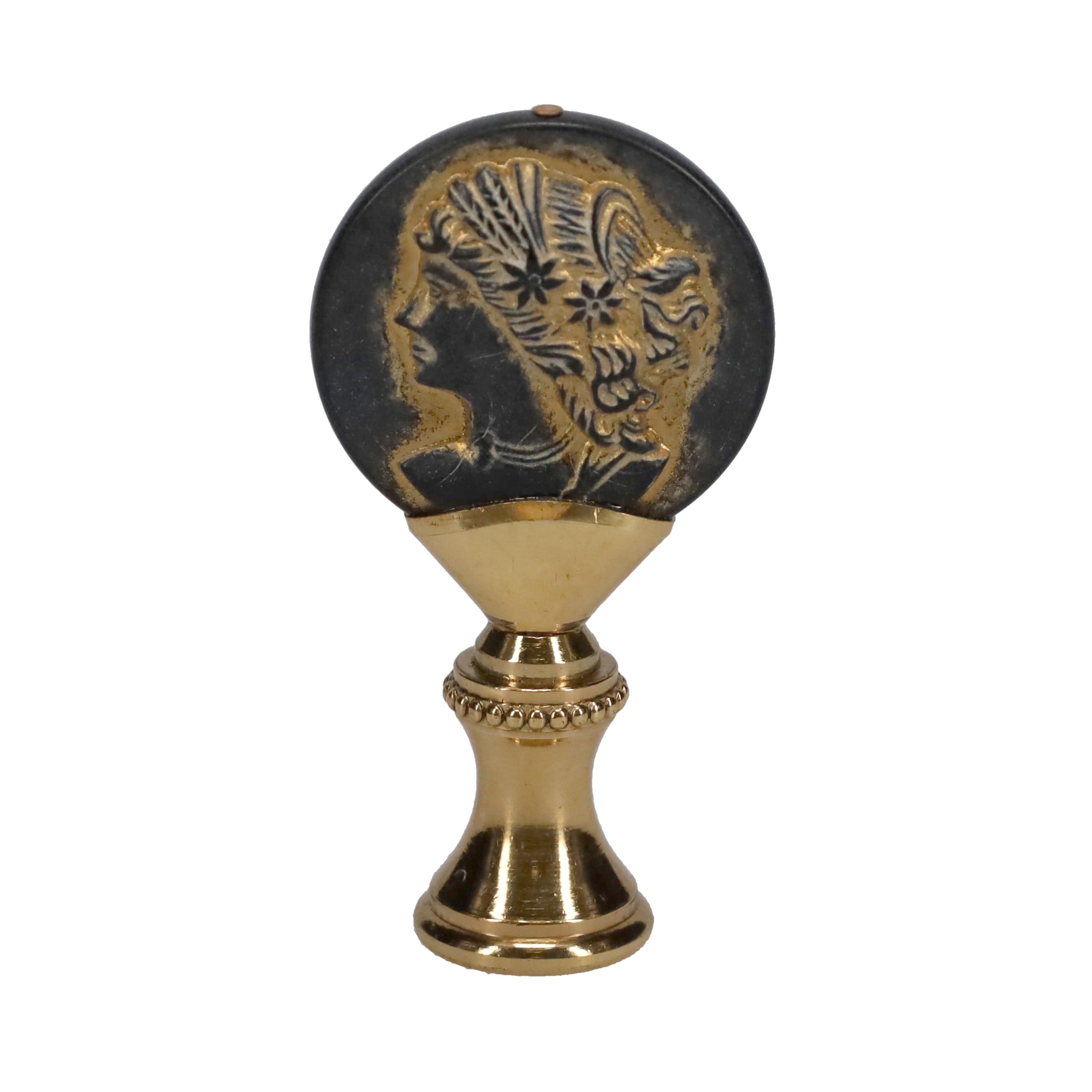 2-1/4" Tall Brass Finial, Imitation Greek/Roman Coin, 1/4-27F Tap (15181)