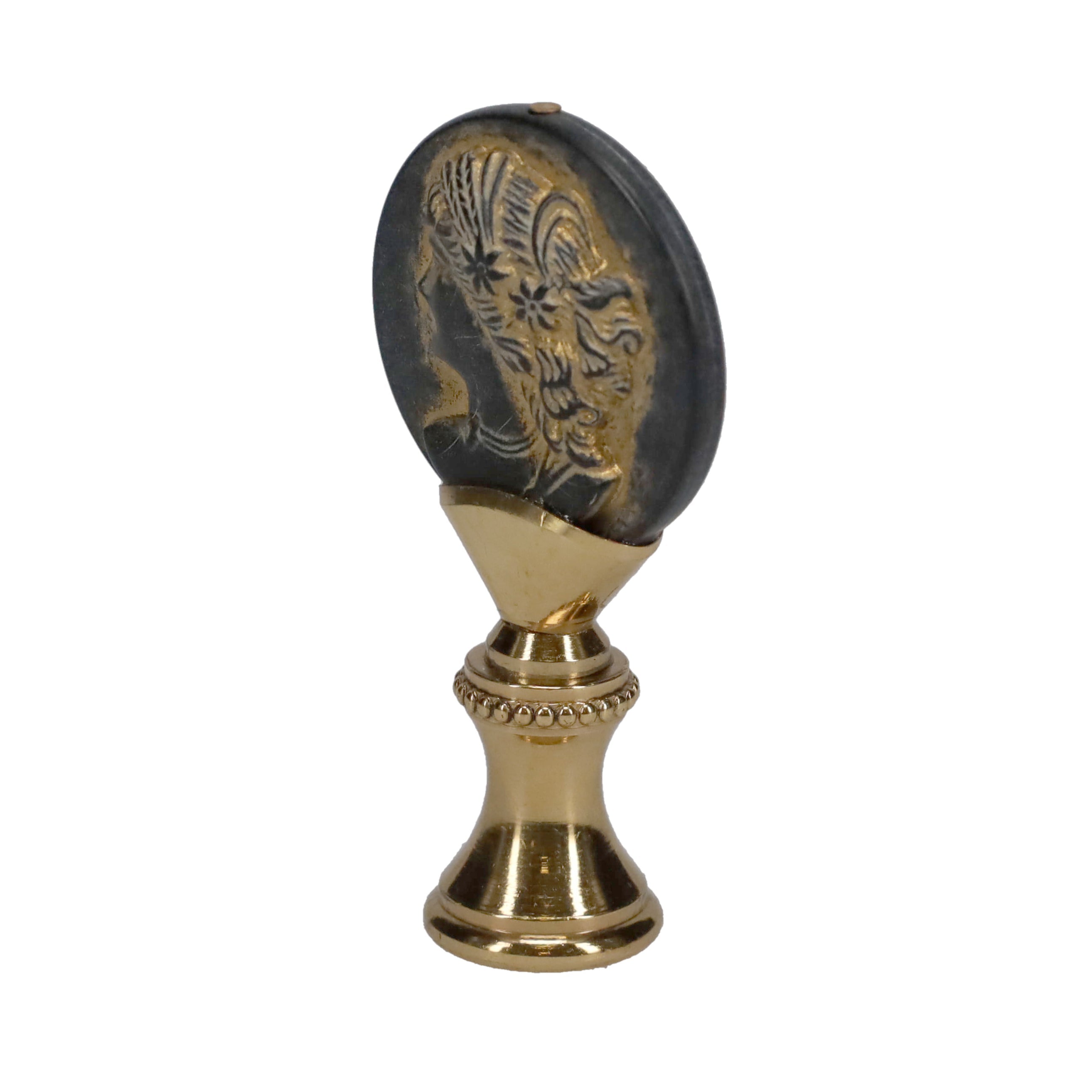 2-1/4" Tall Brass Finial, Imitation Greek/Roman Coin, 1/4-27F Tap (15181)