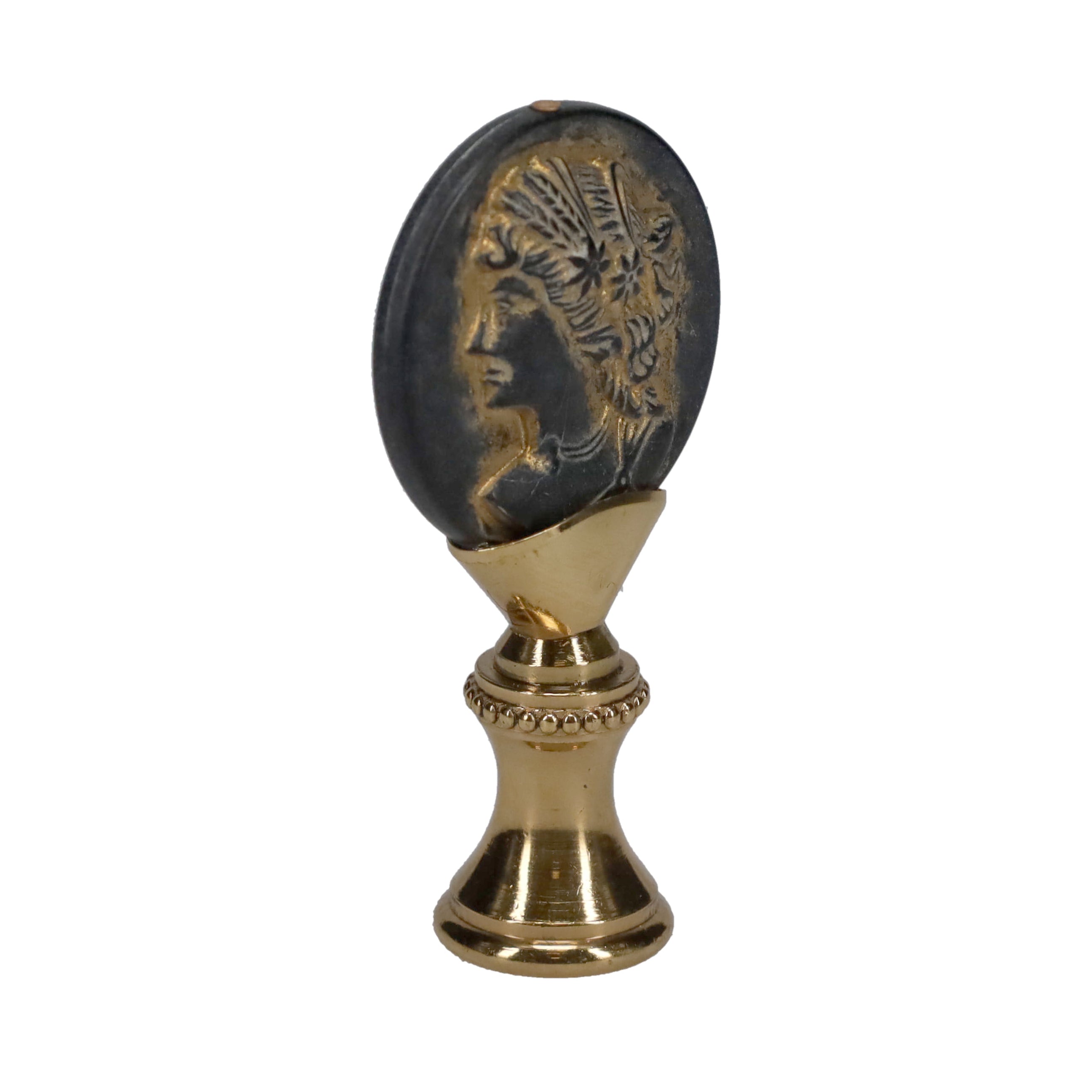 2-1/4" Tall Brass Finial, Imitation Greek/Roman Coin, 1/4-27F Tap (15181)
