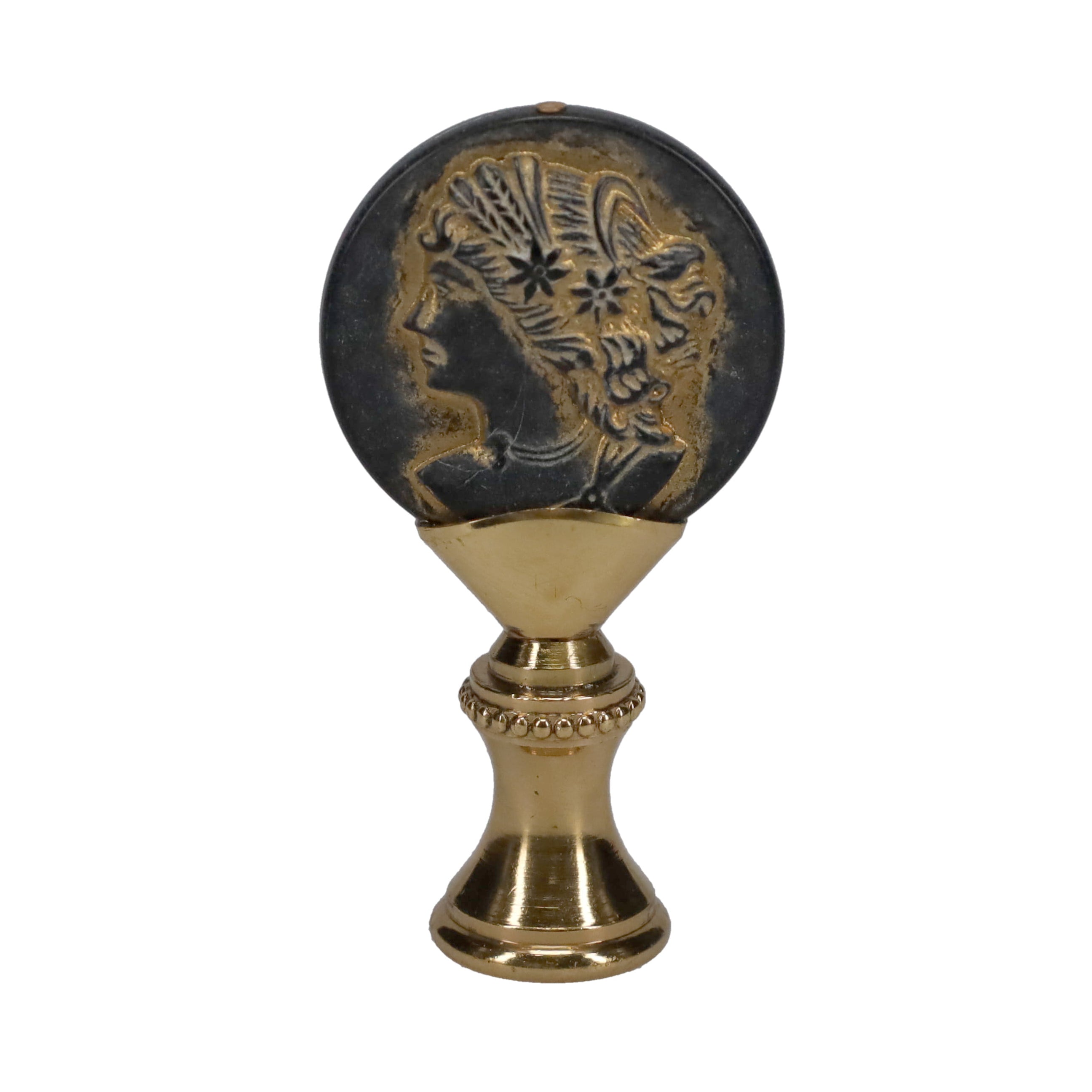 2-1/4" Tall Brass Finial, Imitation Greek/Roman Coin, 1/4-27F Tap (15181)