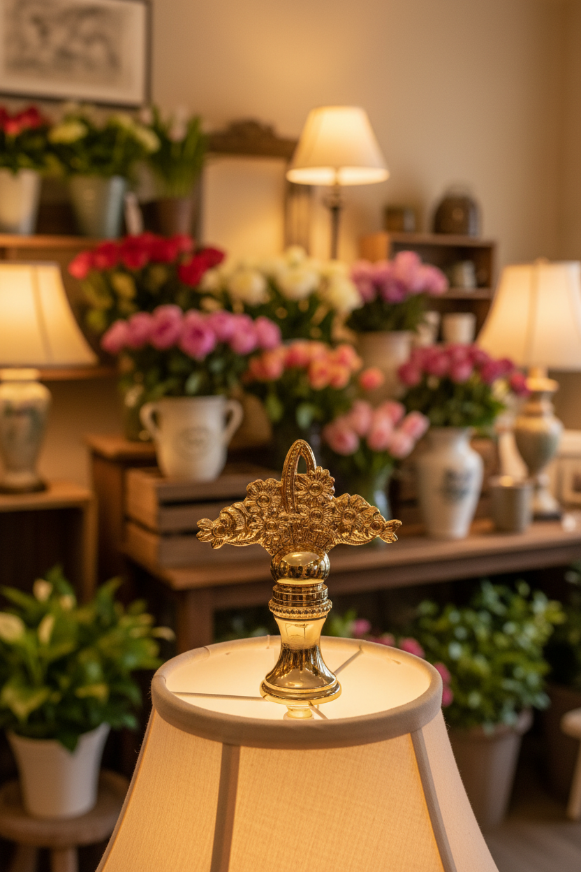 2" Tall Brass Finial, Flower Basket, 1/4-27F Tap (15183)