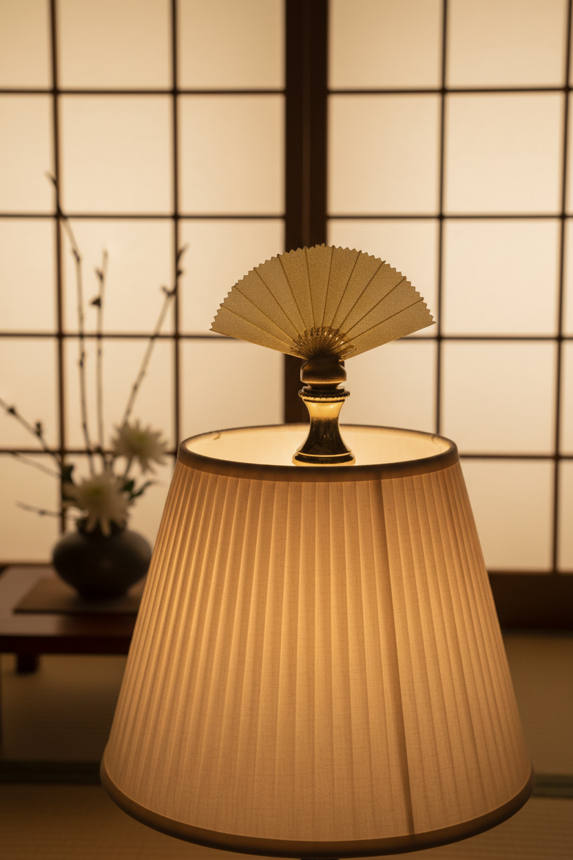 2-1/8" Tall Brass Finial, Oriental Fan with Cranes & Trees, 1/4-27F Tap (15187)