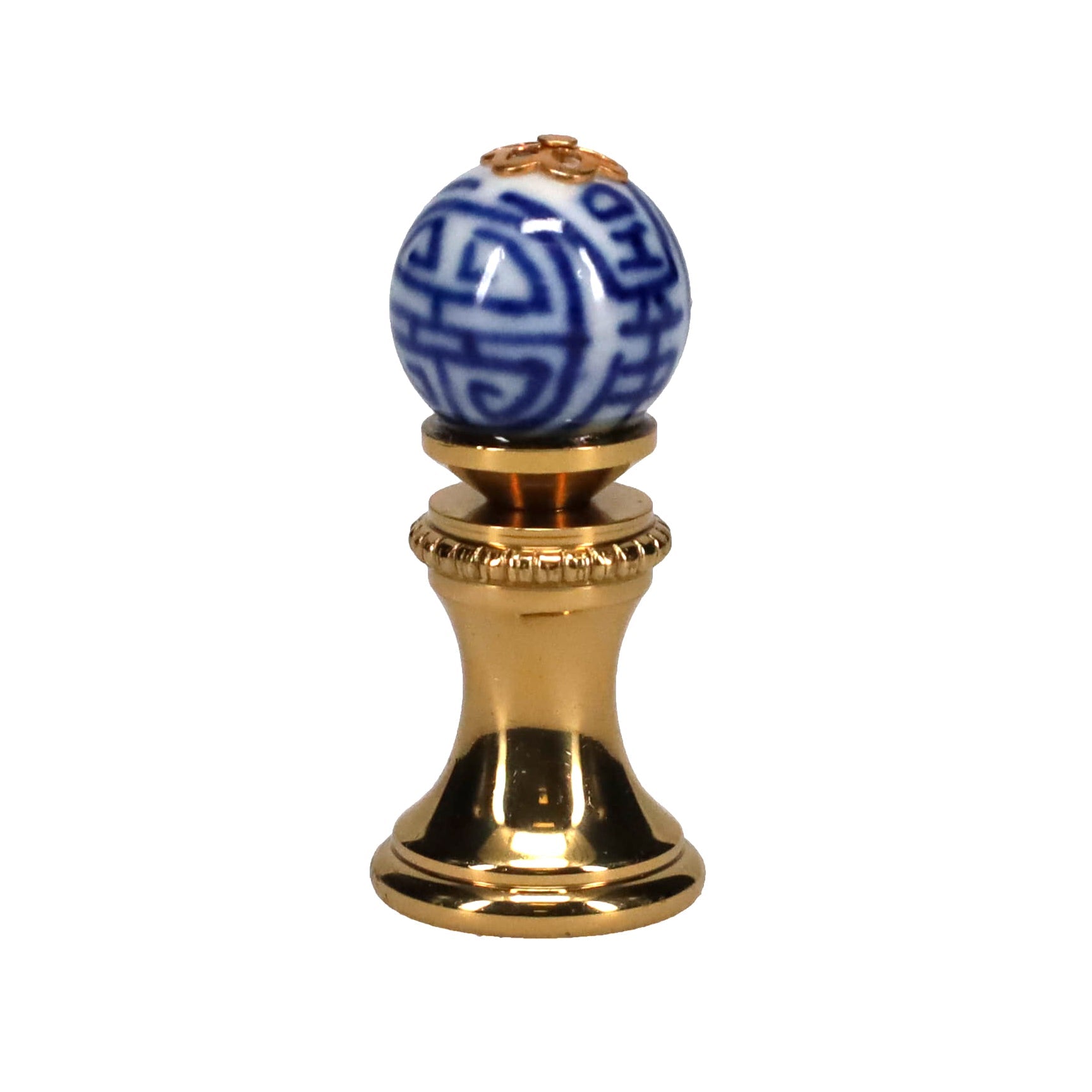1.4" Tall Brass Finial, 0.55" Porcelain Bead with Blue & White Chinese Art, 1/4-27F Tap (15190)