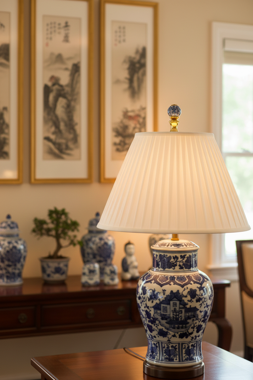 1.4" Tall Brass Finial, 0.55" Porcelain Bead with Blue & White Chinese Art, 1/4-27F Tap (15190)