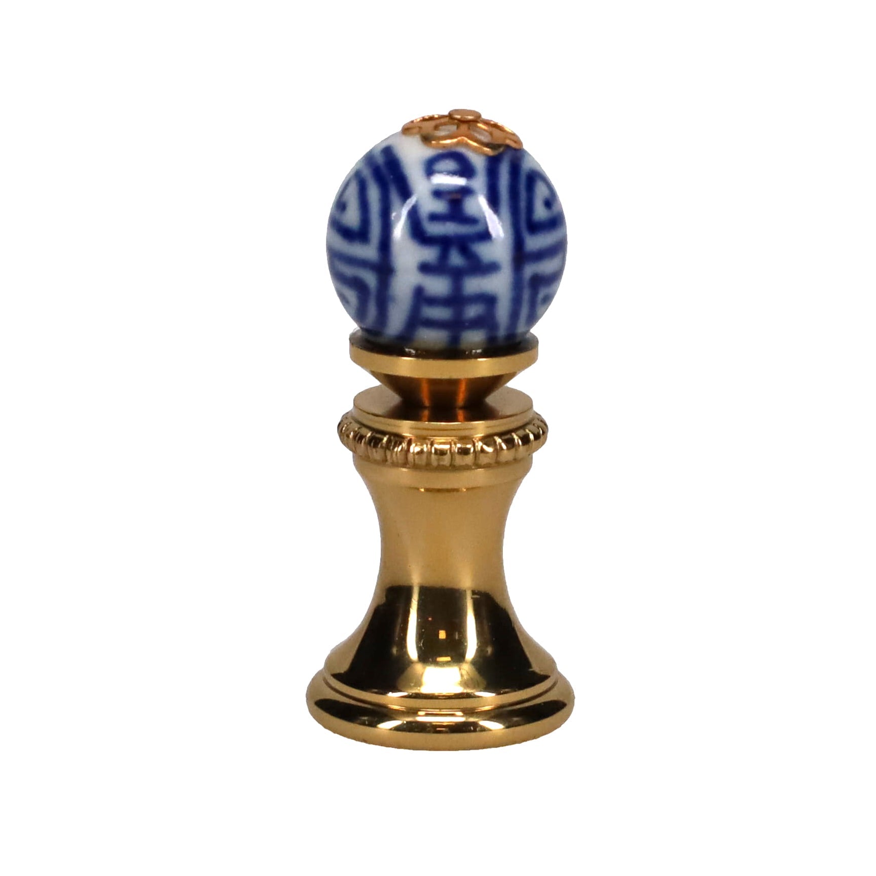 1.4" Tall Brass Finial, 0.55" Porcelain Bead with Blue & White Chinese Art, 1/4-27F Tap (15190)