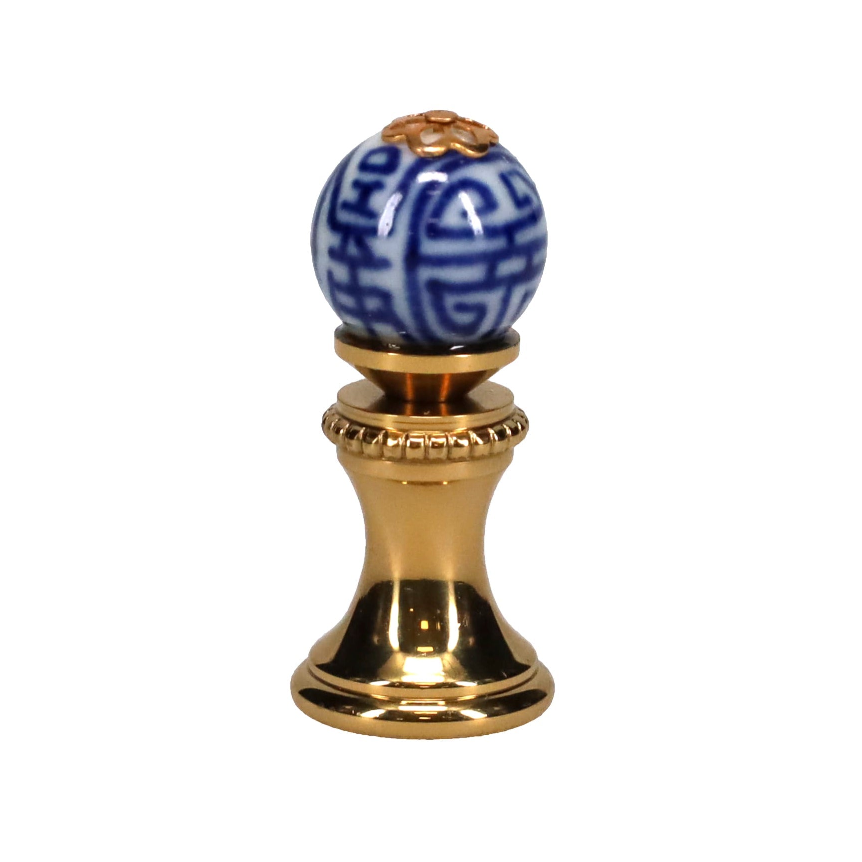 1.4" Tall Brass Finial, 0.55" Porcelain Bead with Blue & White Chinese Art, 1/4-27F Tap (15190)