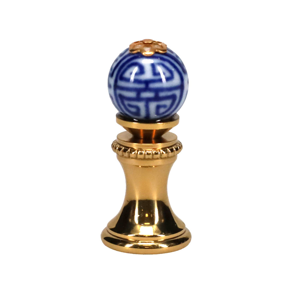 1.4" Tall Brass Finial, 0.55" Porcelain Bead with Blue & White Chinese Art, 1/4-27F Tap (15190)