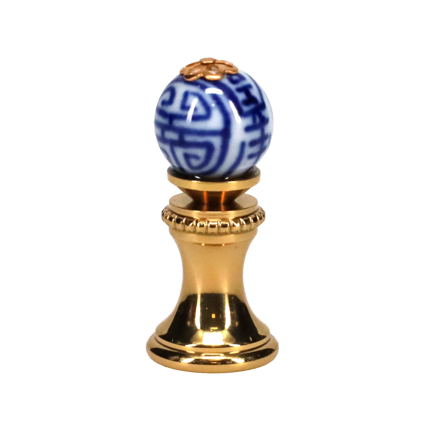 1.4" Tall Brass Finial, 0.55" Porcelain Bead with Blue & White Chinese Art, 1/4-27F Tap (15190)