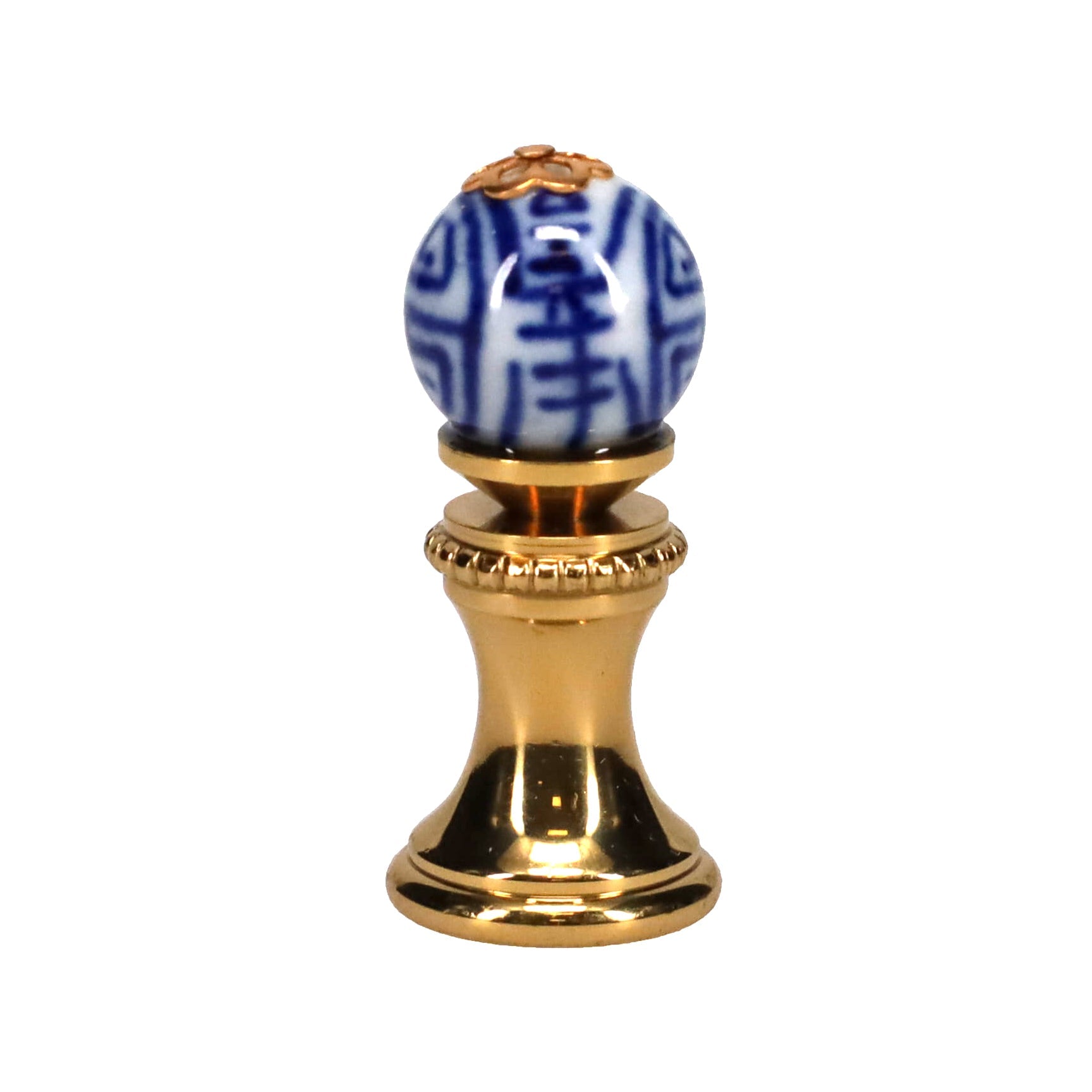 1.4" Tall Brass Finial, 0.55" Porcelain Bead with Blue & White Chinese Art, 1/4-27F Tap (15190)