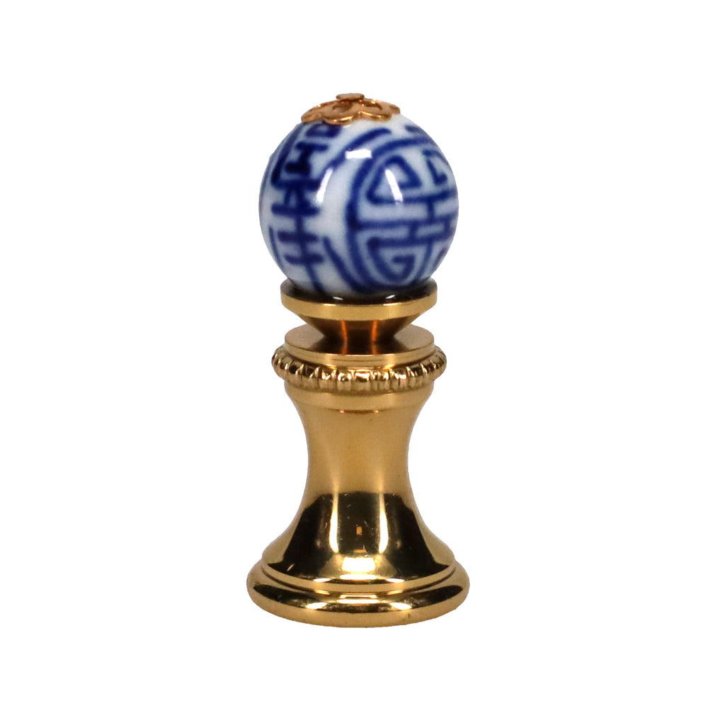1.4" Tall Brass Finial, 0.55" Porcelain Bead with Blue & White Chinese Art, 1/4-27F Tap (15190)