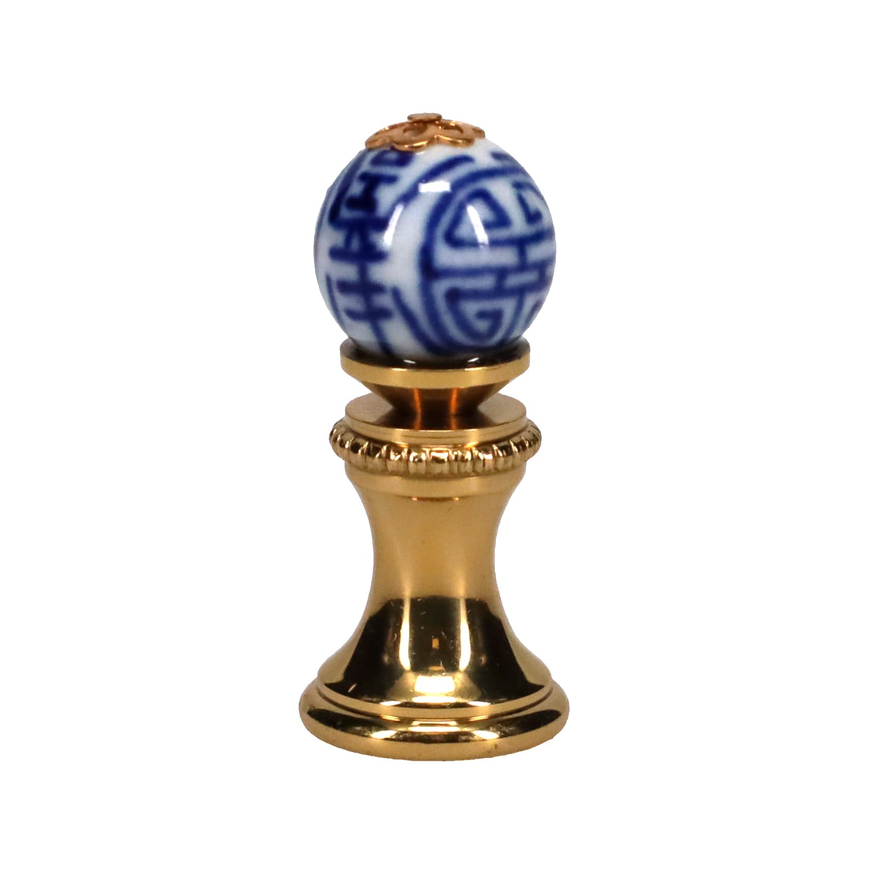 1.4" Tall Brass Finial, 0.55" Porcelain Bead with Blue & White Chinese Art, 1/4-27F Tap (15190)