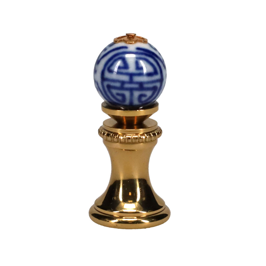 1.4" Tall Brass Finial, 0.55" Porcelain Bead with Blue & White Chinese Art, 1/4-27F Tap (15190)