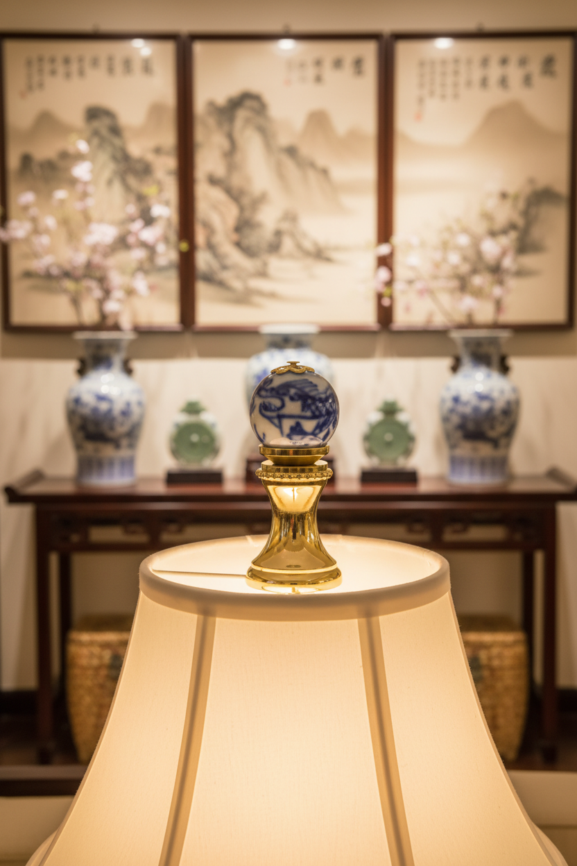 1.4" Tall Brass Finial, 0.55" Porcelain Bead with Blue & White Dragon Art, 1/4-27F Tap (15191)