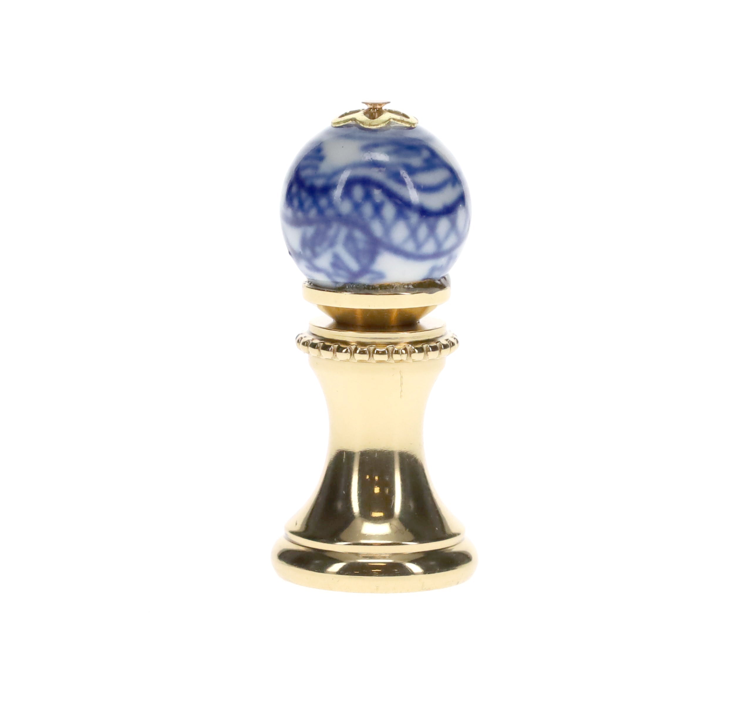 1.4" Tall Brass Finial, 0.55" Porcelain Bead with Blue & White Dragon Art, 1/4-27F Tap (15191)