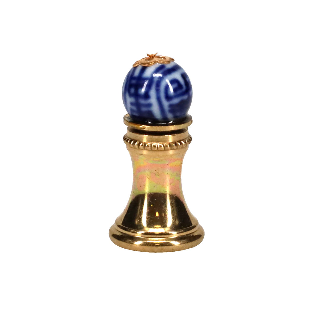 1-1/4" Tall Brass Finial, 0.45" Porcelain Bead with Blue & White Chinese Art, 1/4-27F Tap (15192)