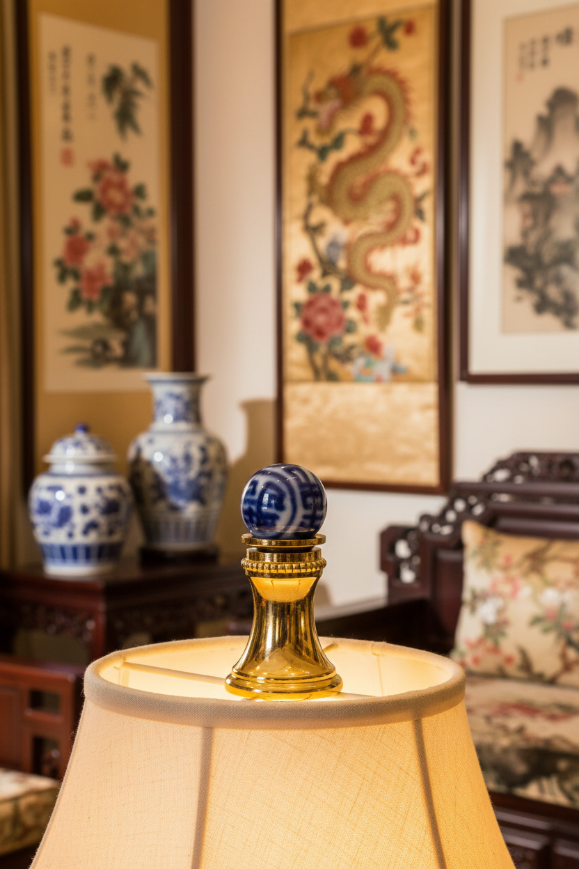 1-1/4" Tall Brass Finial, 0.45" Porcelain Bead with Blue & White Chinese Art, 1/4-27F Tap (15192)