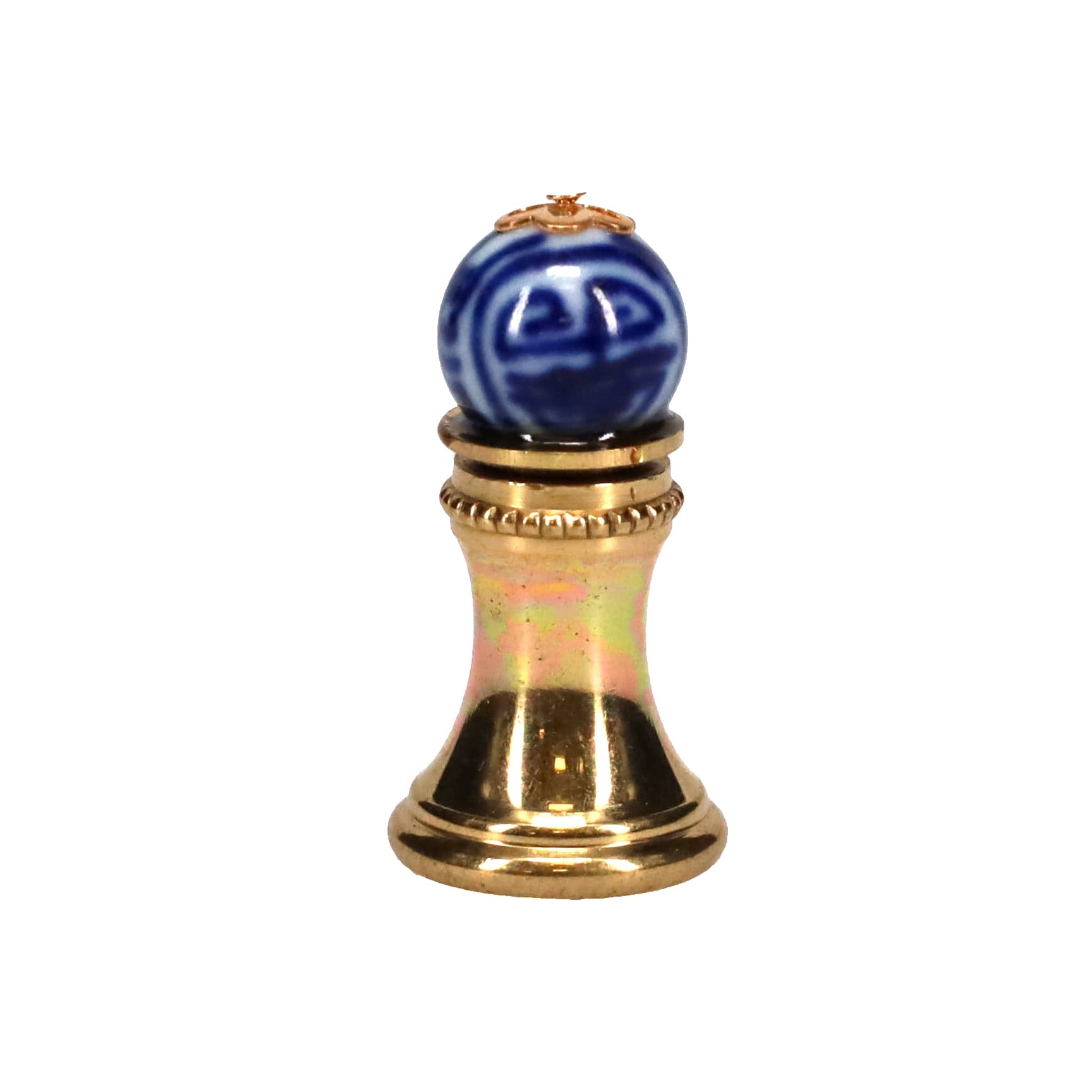 1-1/4" Tall Brass Finial, 0.45" Porcelain Bead with Blue & White Chinese Art, 1/4-27F Tap (15192)