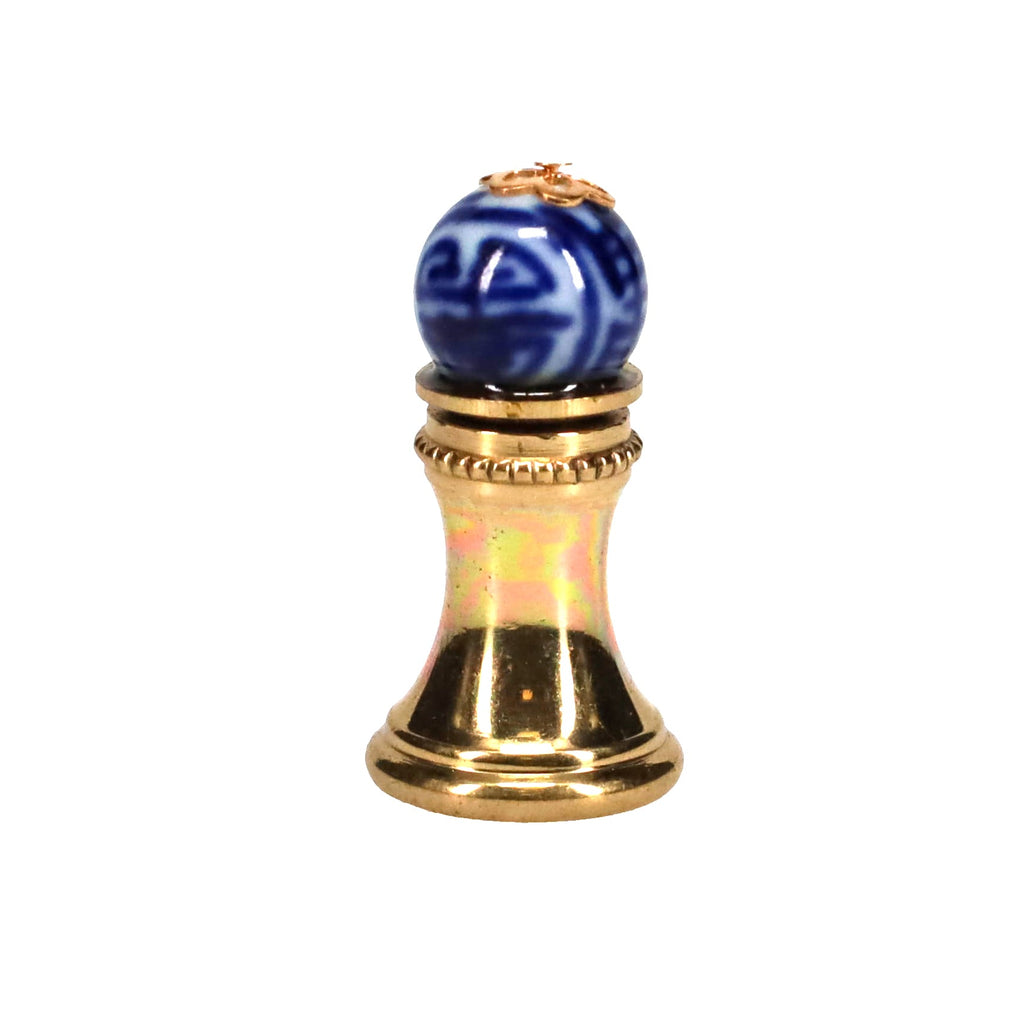1-1/4" Tall Brass Finial, 0.45" Porcelain Bead with Blue & White Chinese Art, 1/4-27F Tap (15192)