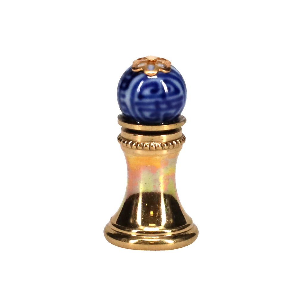 1-1/4" Tall Brass Finial, 0.45" Porcelain Bead with Blue & White Chinese Art, 1/4-27F Tap (15192)