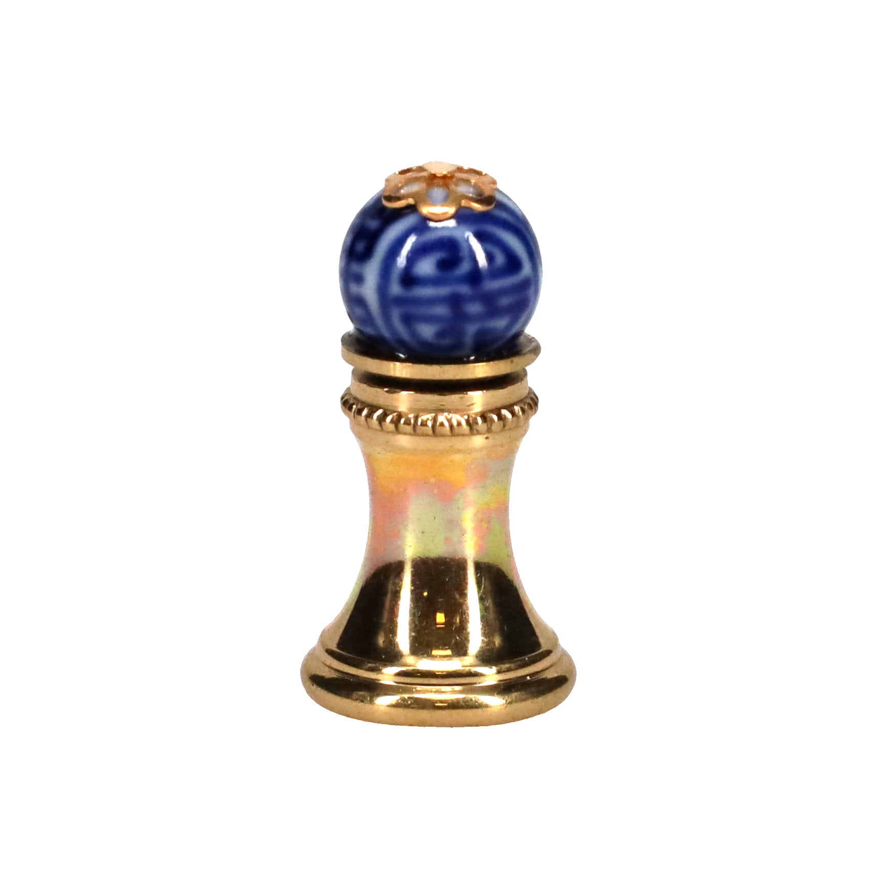 1-1/4" Tall Brass Finial, 0.45" Porcelain Bead with Blue & White Chinese Art, 1/4-27F Tap (15192)