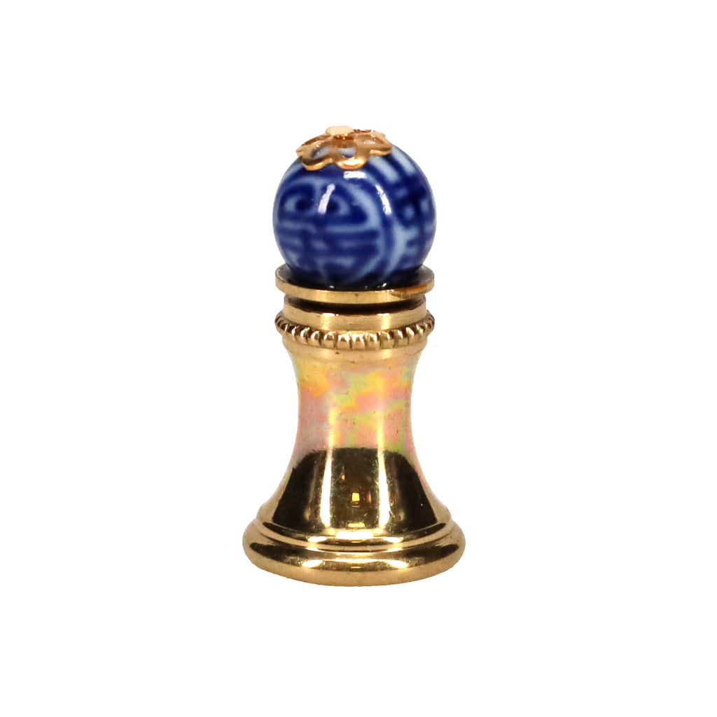 1-1/4" Tall Brass Finial, 0.45" Porcelain Bead with Blue & White Chinese Art, 1/4-27F Tap (15192)