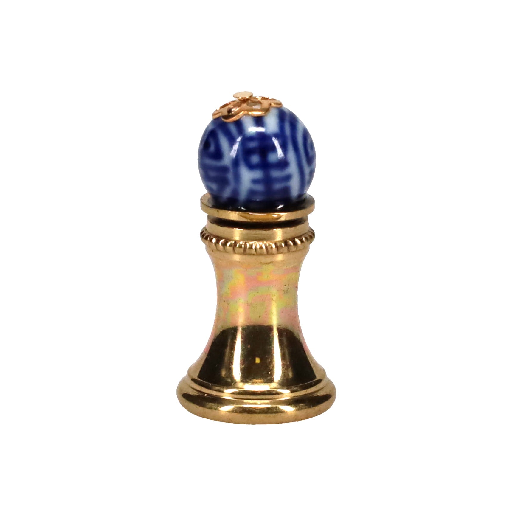 1-1/4" Tall Brass Finial, 0.45" Porcelain Bead with Blue & White Chinese Art, 1/4-27F Tap (15192)