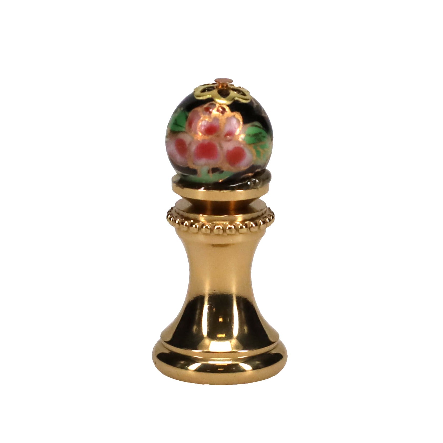 1-5/16" Tall Brass Finial, 0.48" Porcelain Bead with Black Cloisonné Floral Pattern, 1/4-27F Tap (15193)
