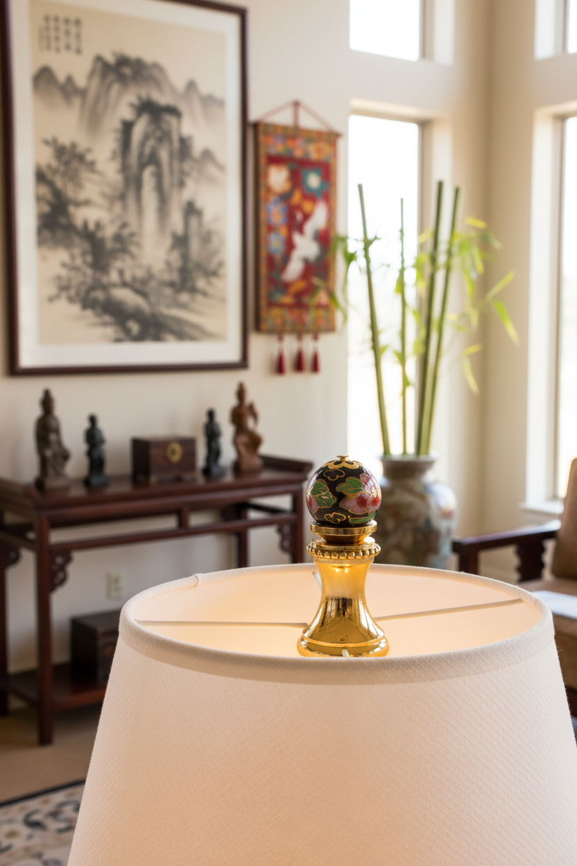 1-5/16" Tall Brass Finial, 0.48" Porcelain Bead with Black Cloisonné Floral Pattern, 1/4-27F Tap (15193)