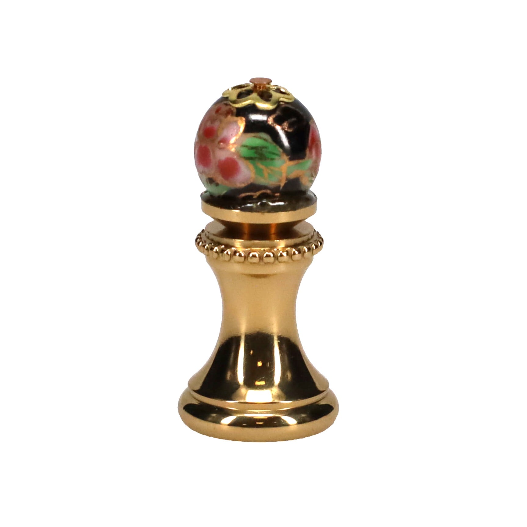 1-5/16" Tall Brass Finial, 0.48" Porcelain Bead with Black Cloisonné Floral Pattern, 1/4-27F Tap (15193)