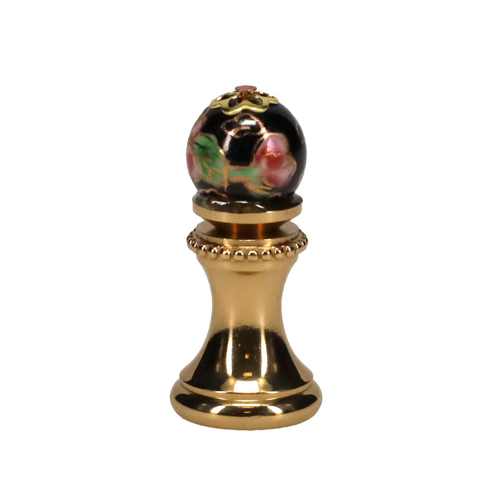 1-5/16" Tall Brass Finial, 0.48" Porcelain Bead with Black Cloisonné Floral Pattern, 1/4-27F Tap (15193)
