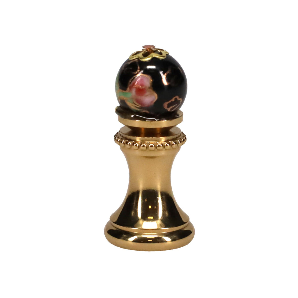 1-5/16" Tall Brass Finial, 0.48" Porcelain Bead with Black Cloisonné Floral Pattern, 1/4-27F Tap (15193)