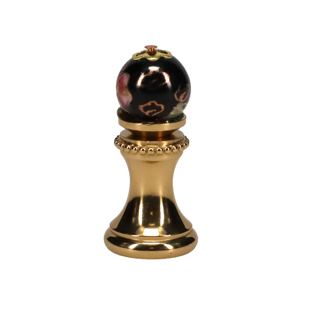 1-5/16" Tall Brass Finial, 0.48" Porcelain Bead with Black Cloisonné Floral Pattern, 1/4-27F Tap (15193)