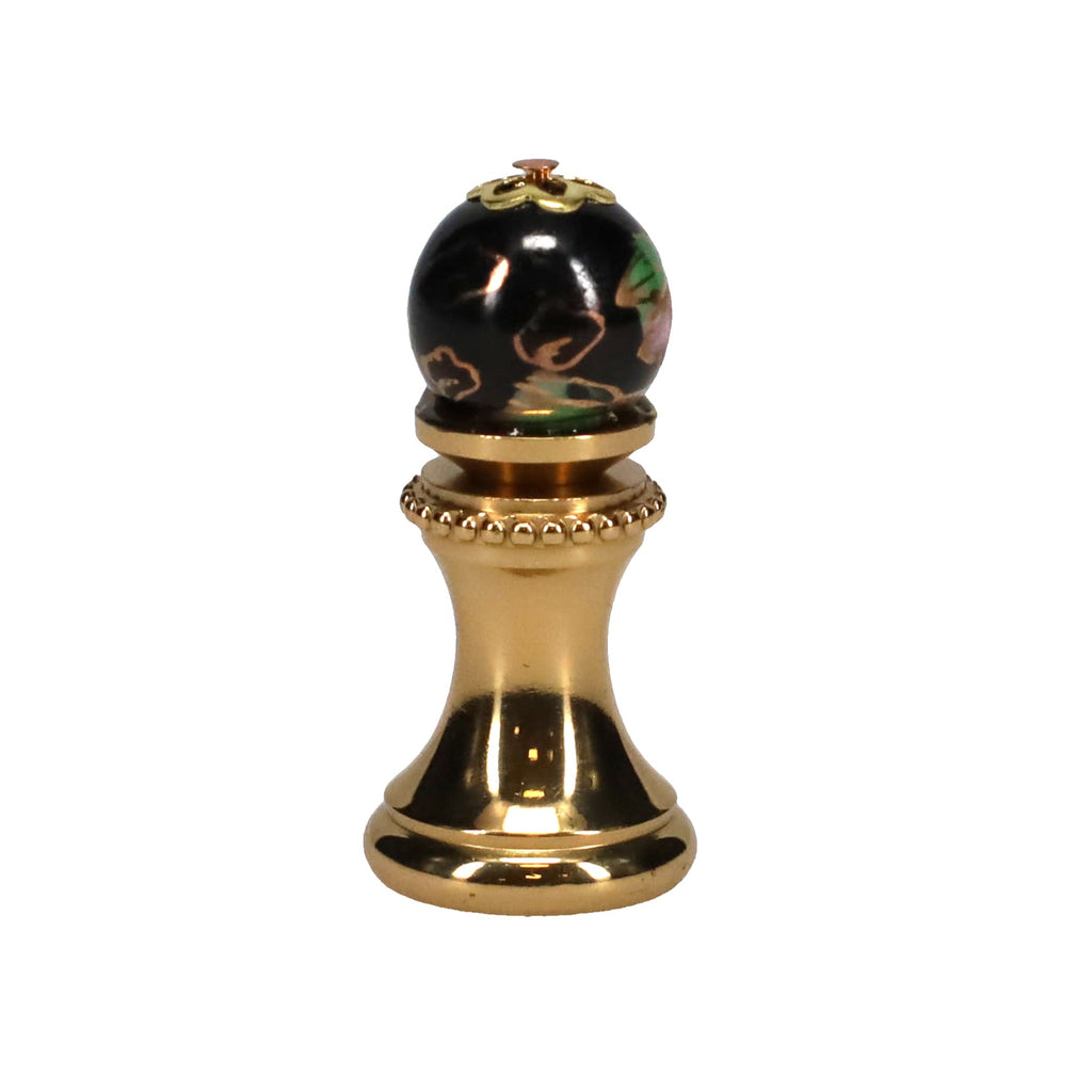 1-5/16" Tall Brass Finial, 0.48" Porcelain Bead with Black Cloisonné Floral Pattern, 1/4-27F Tap (15193)