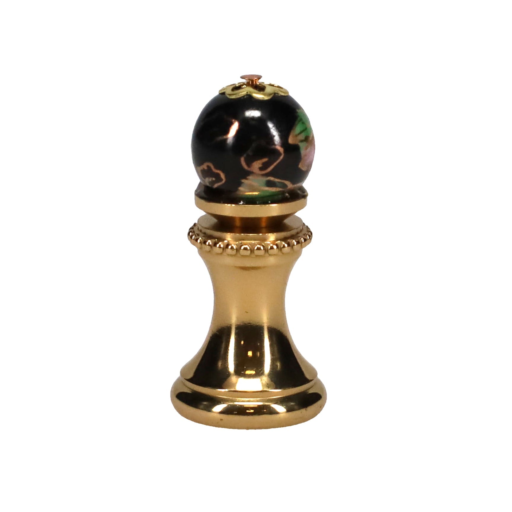1-5/16" Tall Brass Finial, 0.48" Porcelain Bead with Black Cloisonné Floral Pattern, 1/4-27F Tap (15193)