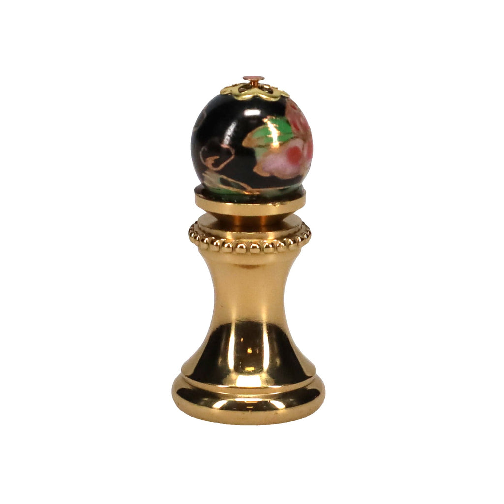 1-5/16" Tall Brass Finial, 0.48" Porcelain Bead with Black Cloisonné Floral Pattern, 1/4-27F Tap (15193)