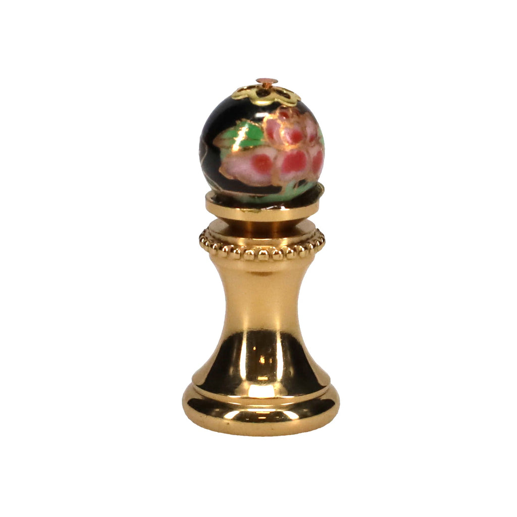 1-5/16" Tall Brass Finial, 0.48" Porcelain Bead with Black Cloisonné Floral Pattern, 1/4-27F Tap (15193)